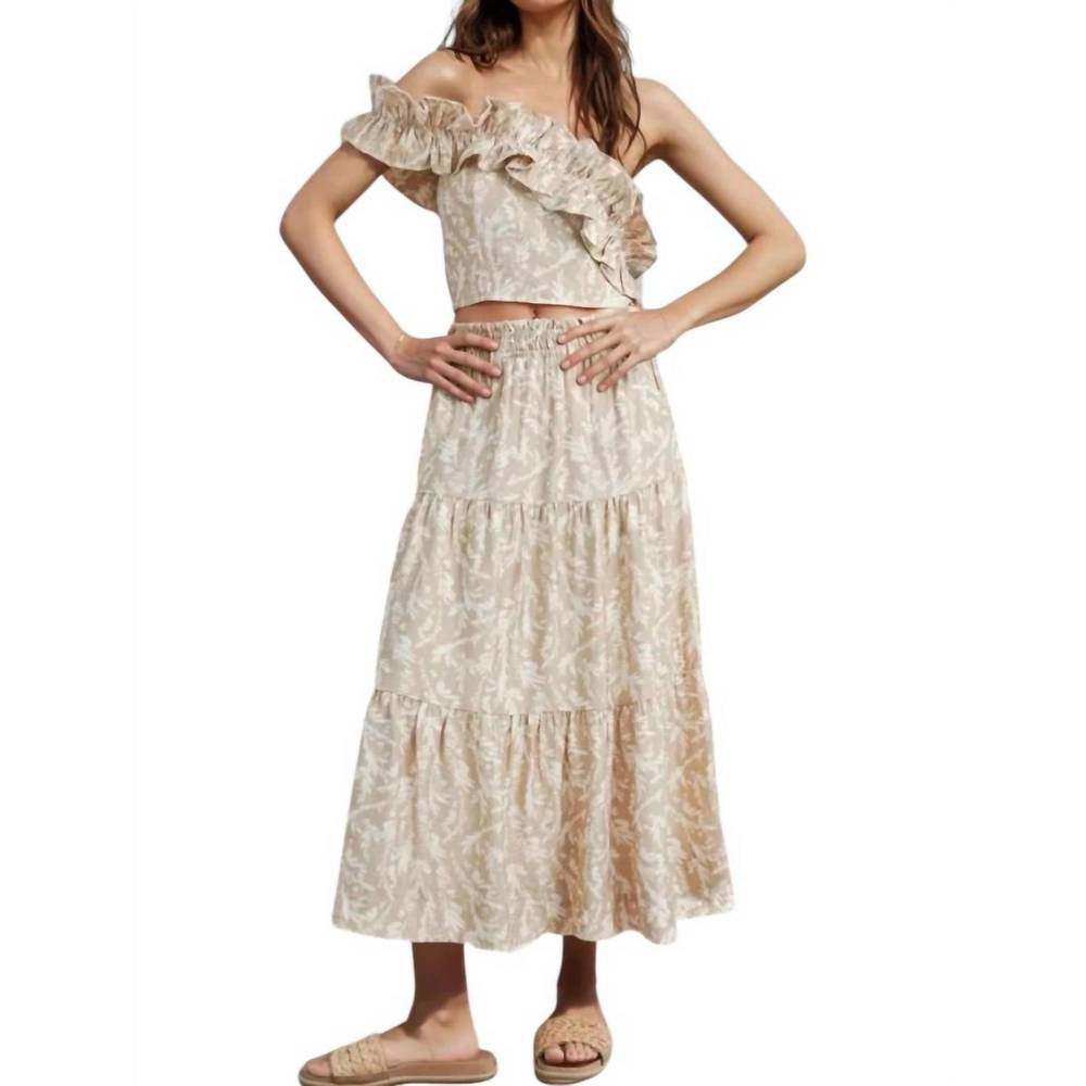 NEW BUTTERMELON abey leaf print one-shoulder cropped top & maxi skirt in taupe